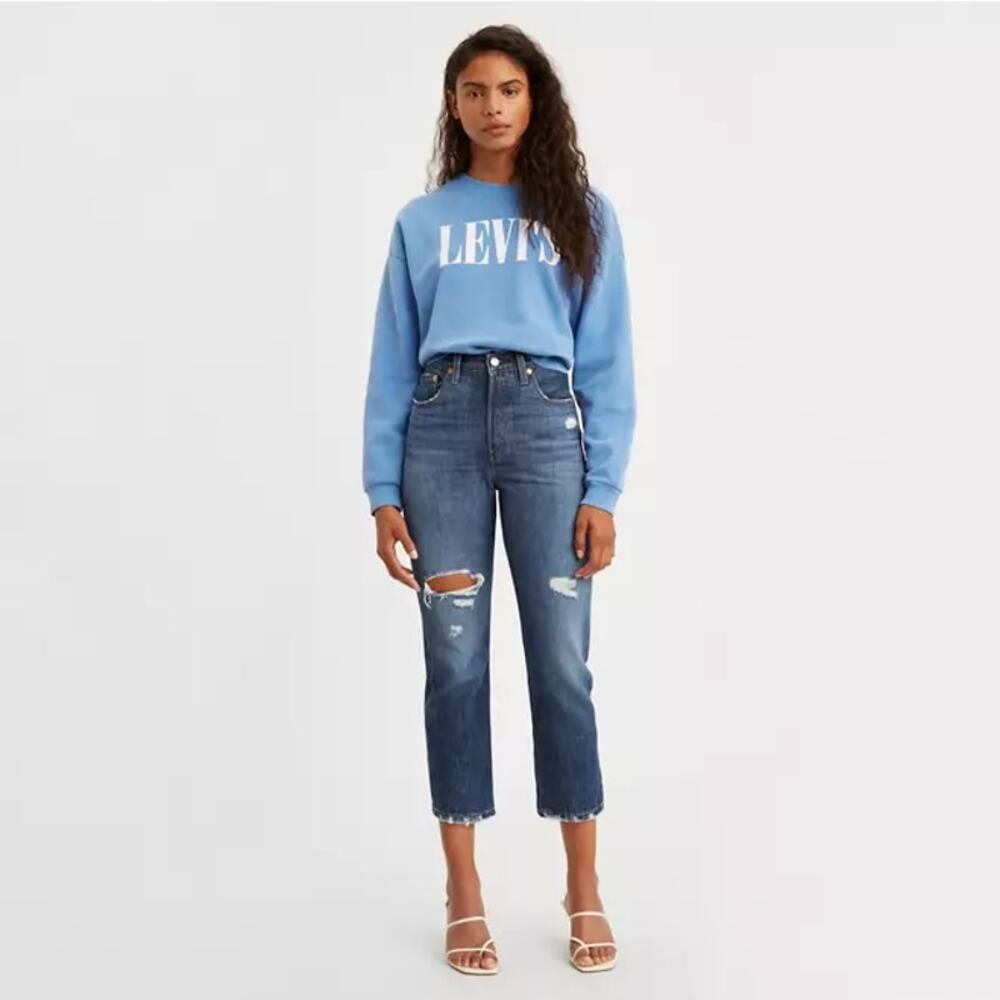 Levis High Rise Premium 501 Distressed Cropped Straight Jean Market Grammar 29